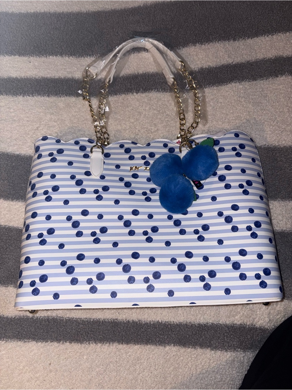 Betsey Johnson White and Blue Striped Polka Dot Tote with Pom Charm